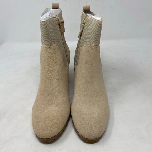 Violet & Red Loaded Knit Cuff Bootie Block Heel Faux Suede Tan Womens Size 7.5 - Picture 3 of 8